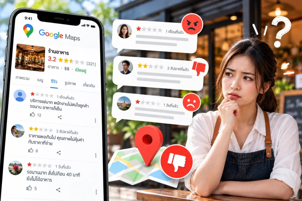 รีวิวเชิงลบบน Google Maps และตัวอย่างรีวิวคะแนนต่ำที่ส่งผลต่อร้านค้า