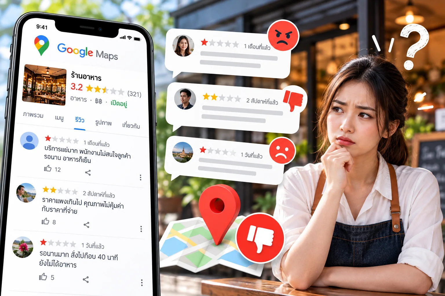 รีวิวเชิงลบบน Google Maps และตัวอย่างรีวิวคะแนนต่ำที่ส่งผลต่อร้านค้า