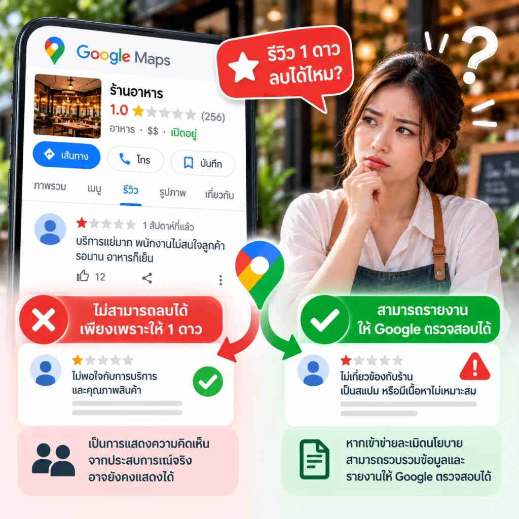 รีวิว 1 ดาวบน Google Maps สามารถลบได้หรือไม่ และกรณีใดที่สามารถรายงานรีวิวได้