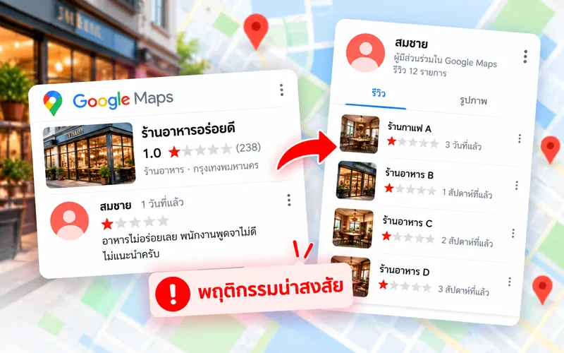 การตรวจสอบบัญชีผู้รีวิว Google Maps ที่มีพฤติกรรมรีวิว 1 ดาวซ้ำหลายรายการ